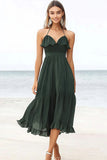 Dark Green A Line Halter Ruched Midi Holiday Dress With Ruffles