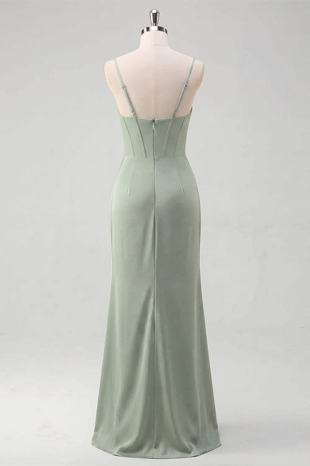 Sage Mermaid Corset Ruched Spaghetti Straps Bridesmaid Dress with Slit