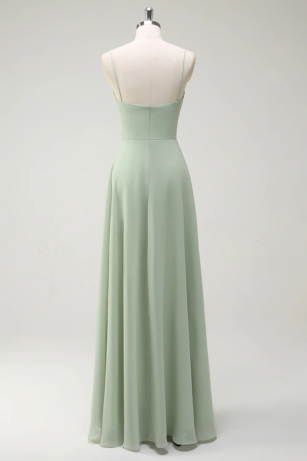 Dusty Sage A Line Spaghetti Straps Chiffon Pleated Long Bridesmaid Dress