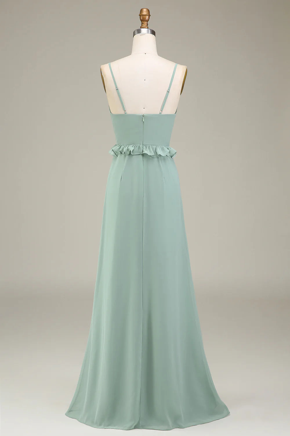 Matcha A Line Spaghetti Straps Chiffon Bridesmaid Dress With Ruffles