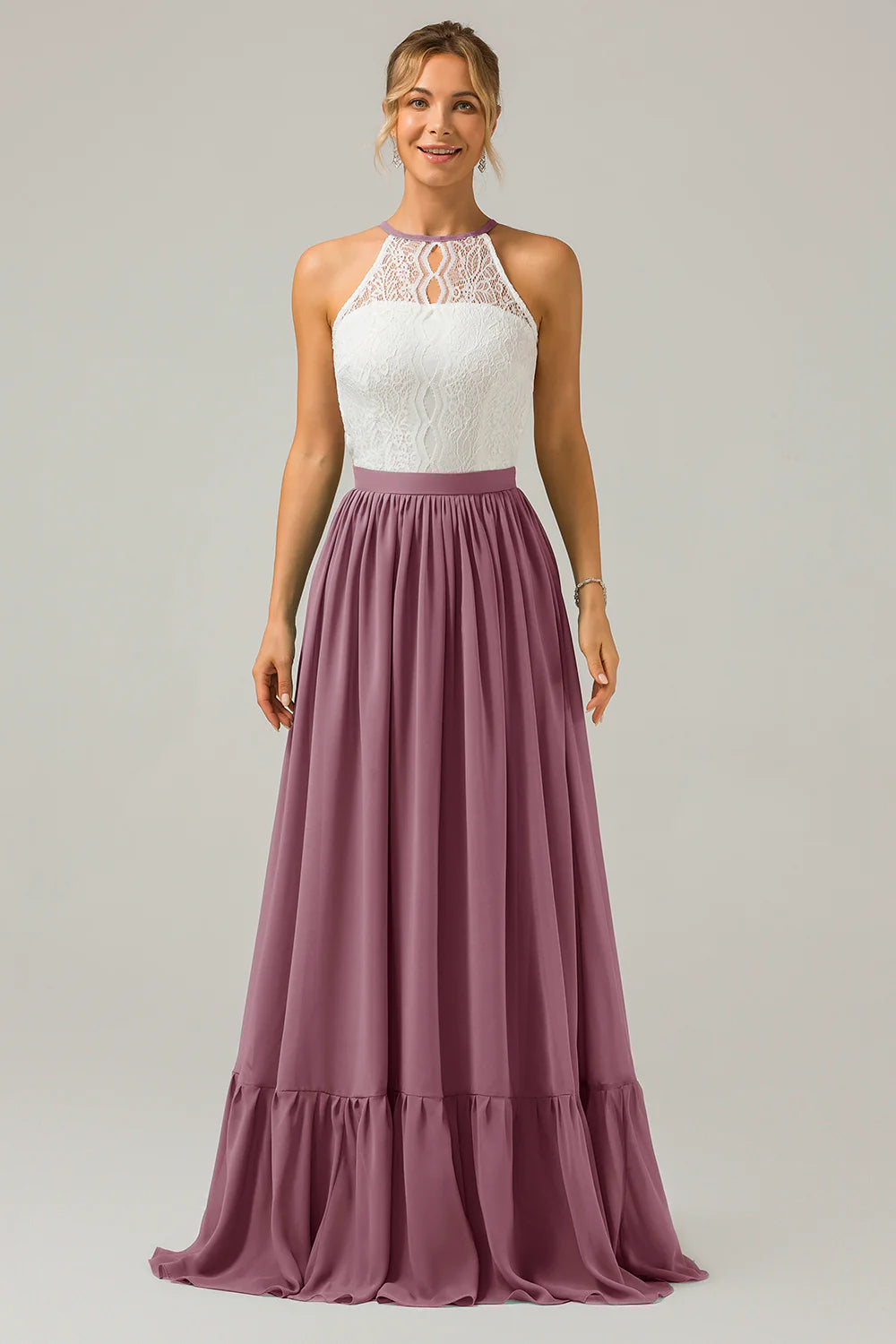 A Line Halter Pleated Keyhole Chiffon Bridesmaid Dress With Lace