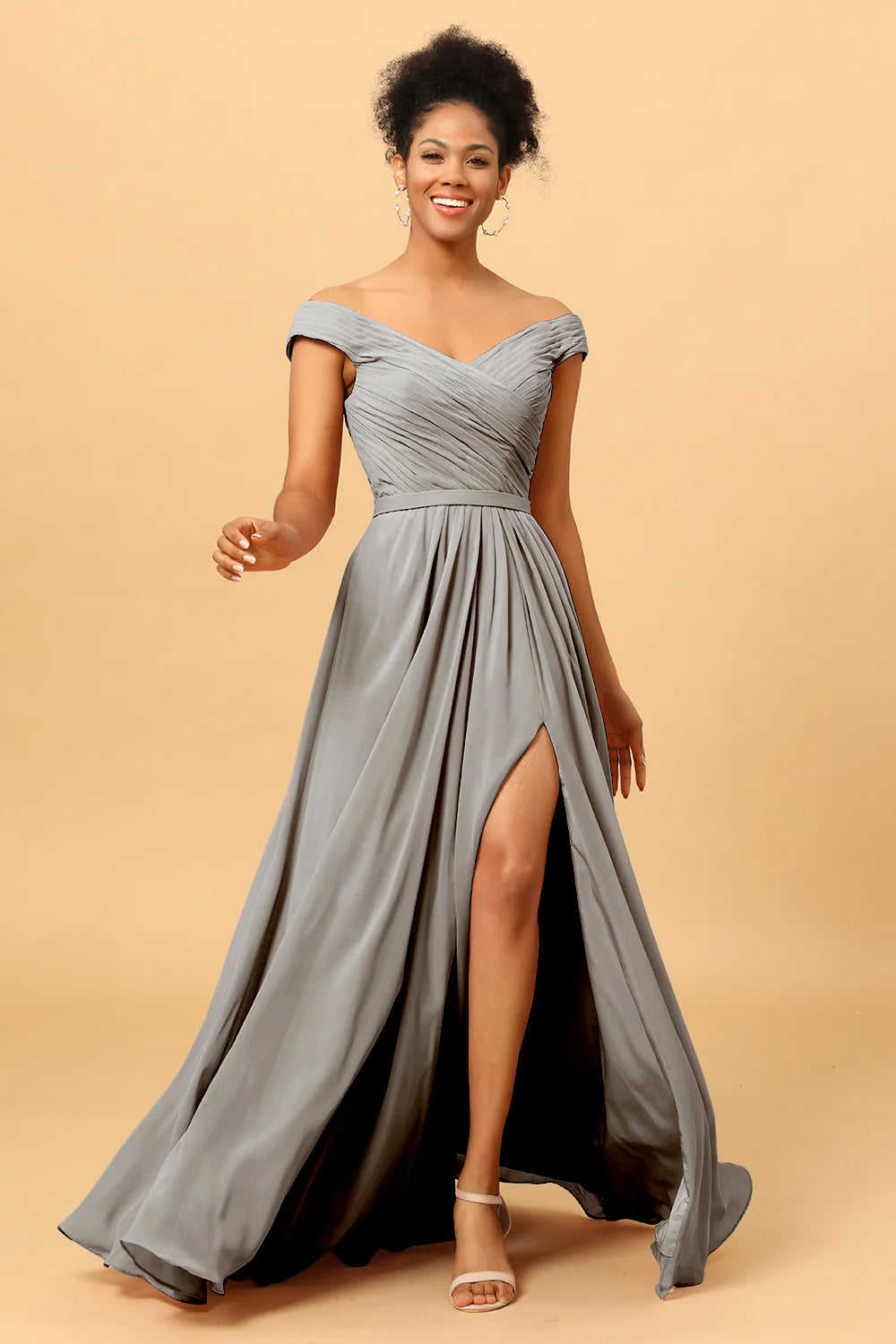 A Line Off the Shoulder Ruched Long Chiffon Bridesmaid Dress with Slit
