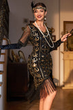 Black Golden V Neck Sequin Fringed Flapper Dress