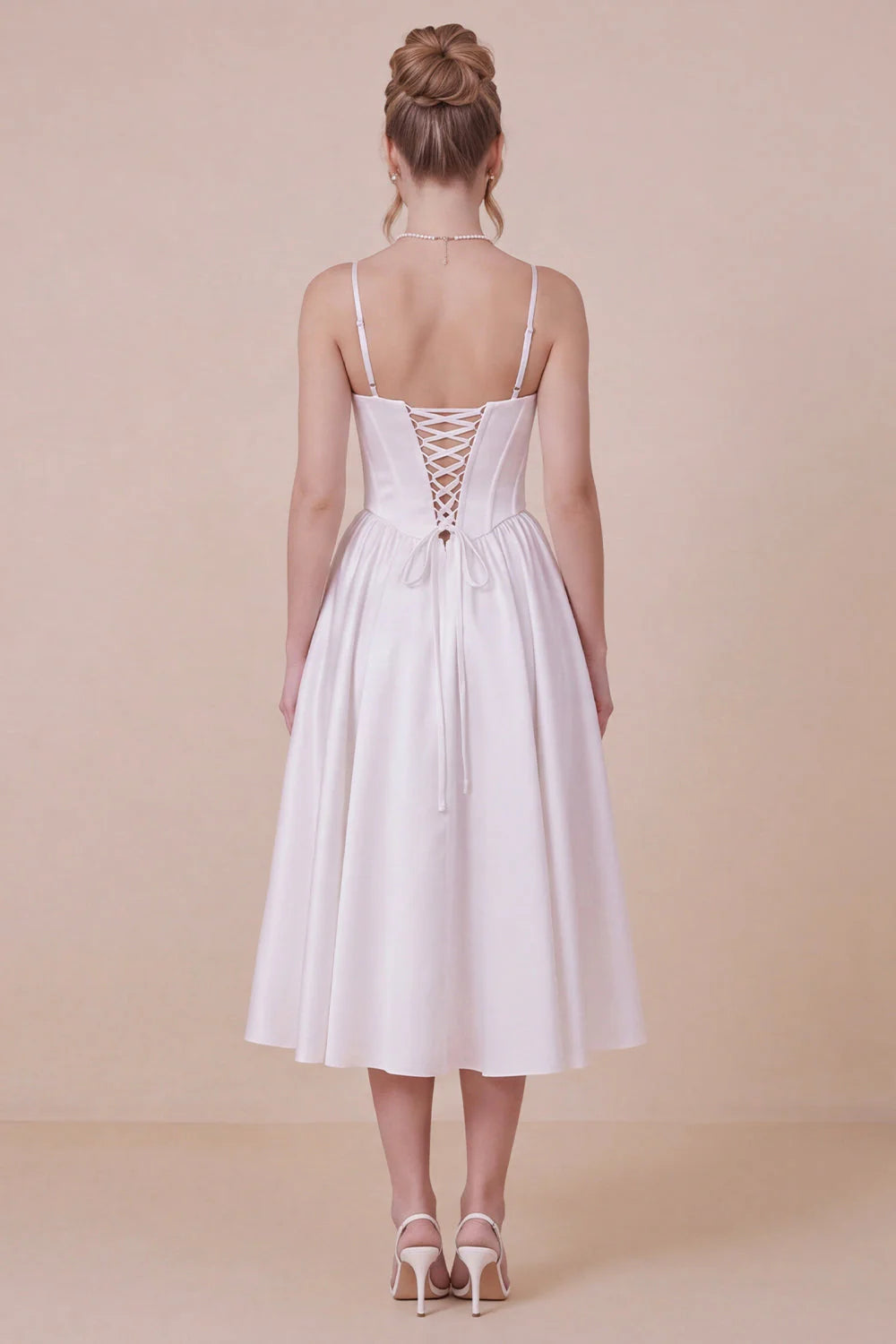 Satin A Line Corset Spaghetti Straps White Graduation Dress