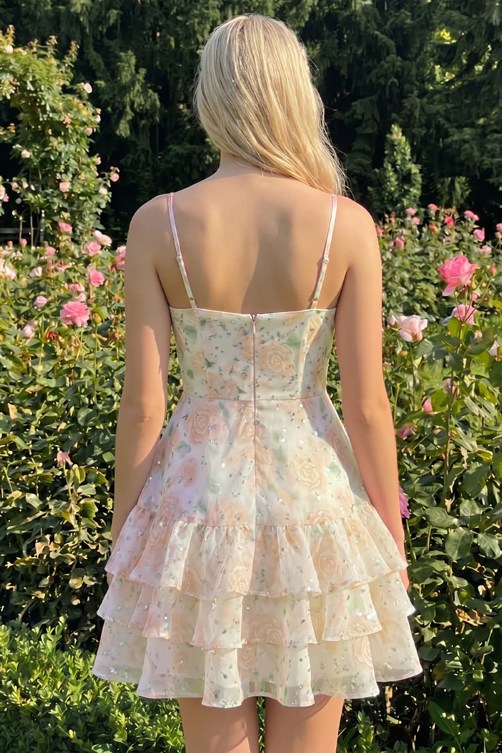 Floral Light Green Tiered Ruffle A Line Short Homecoming Dress