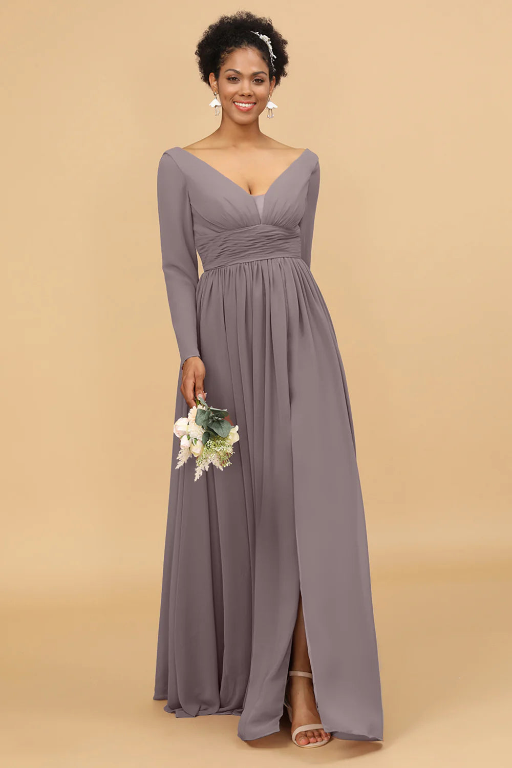 A Line V Neck Long Sleeves Chiffon Bridesmaid Dress with Slit