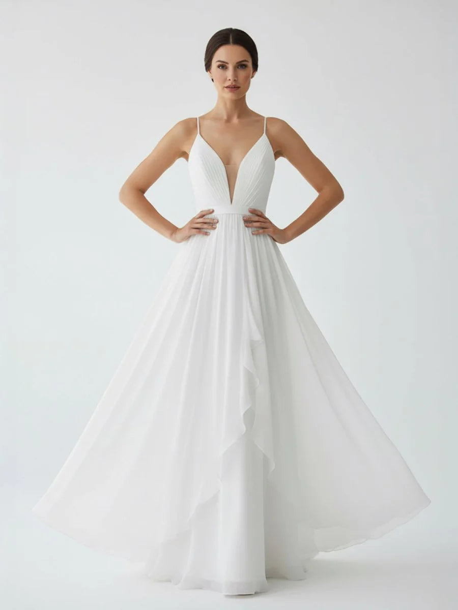 A Line V Neck Straps Spaghetti Sheath Chiffon Wedding Dress