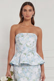 Strapless Mermaid Blue White Flower Ruffled Bridesmaid Dress