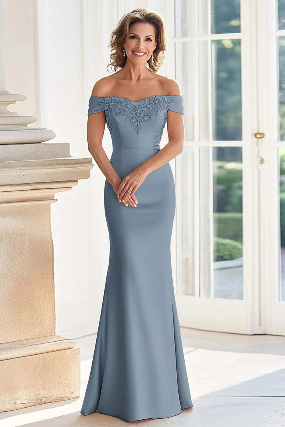 Champagne Off the Shoulder Sheath Mother of the Bride Dress with Appliques