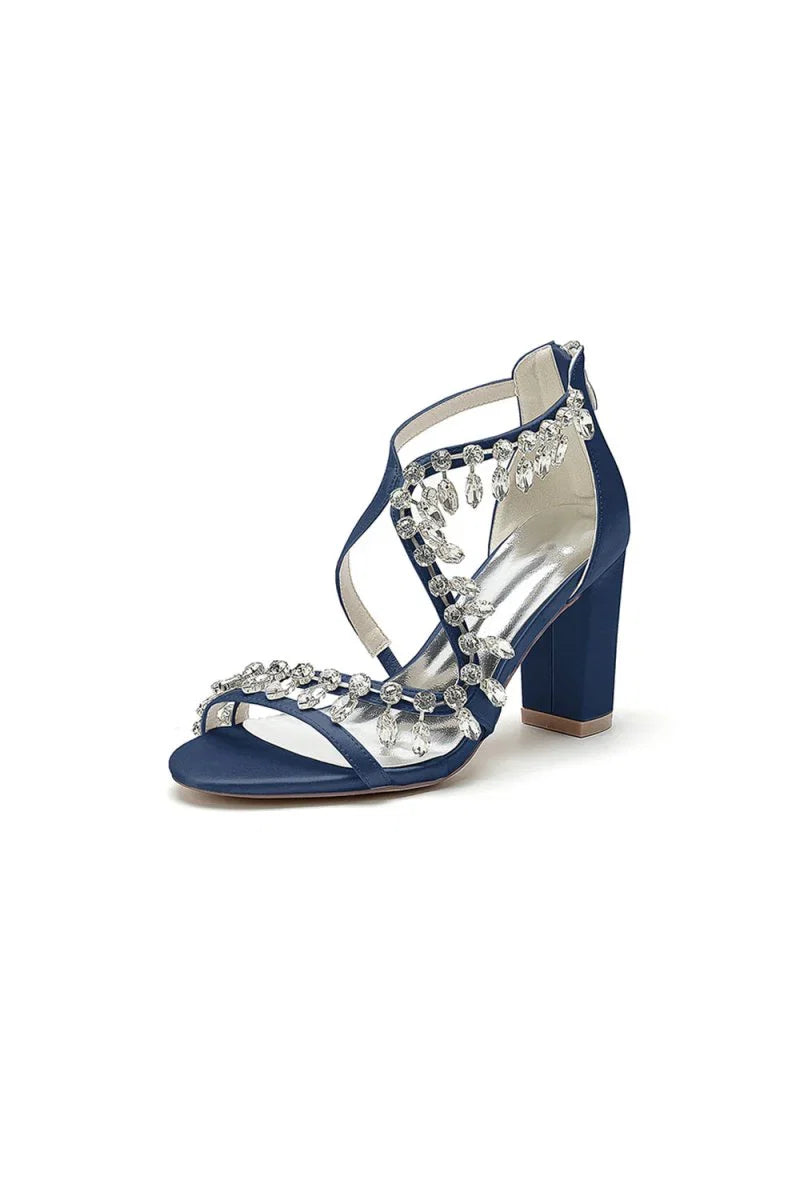 Sexy Open Toe Thin Strap Chunky Heels With Rhinestone
