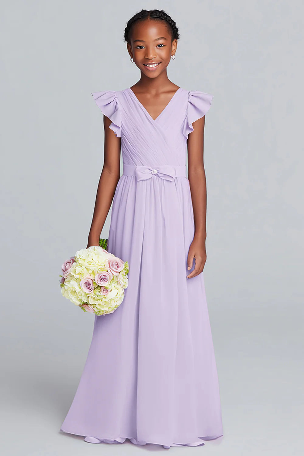 Lilac V Neck A Line Junior Bridesmaid Dress with Bow