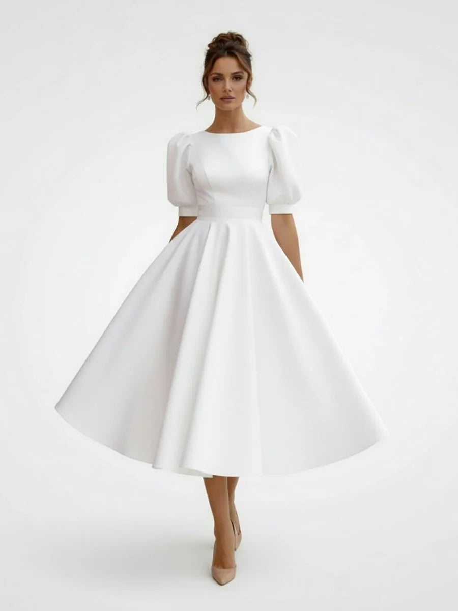Elegant Bateau A Line Satin Knee length Wedding Dress