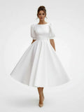 Elegant Bateau A Line Satin Knee length Wedding Dress