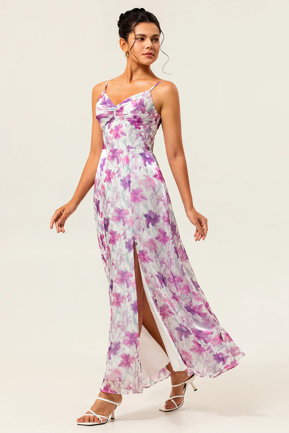 Purple Flower A Line Front Knot Print Maxi Plus Size Bridesmaid Dress with Slit