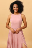 Dusty Rose A Line High Neck Pleated Long Chiffon Bridesmaid Dress