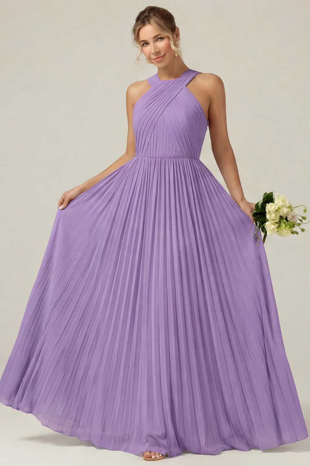 Dusty Sage A Line Halter Pleated Long Bridesmaid Dress