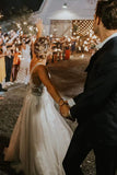 Marvelous V neck A Line Wedding Dress Tulle Appliques Rustic Wedding Dress