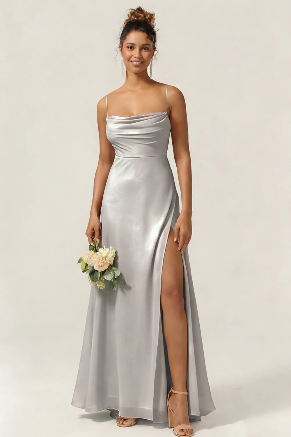 Blue Flower A Line Spaghetti Straps Chiffon Long Bridesmaid Dress with Slit