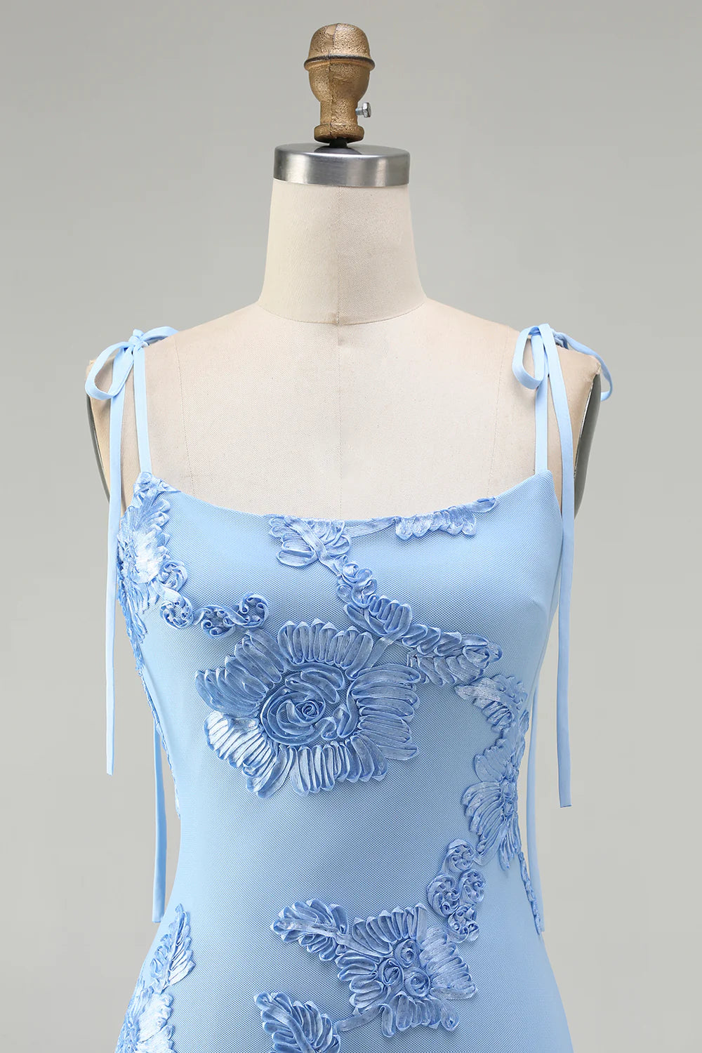 Light Blue Mermaid Spaghetti Straps Long Prom Dress with Appliques