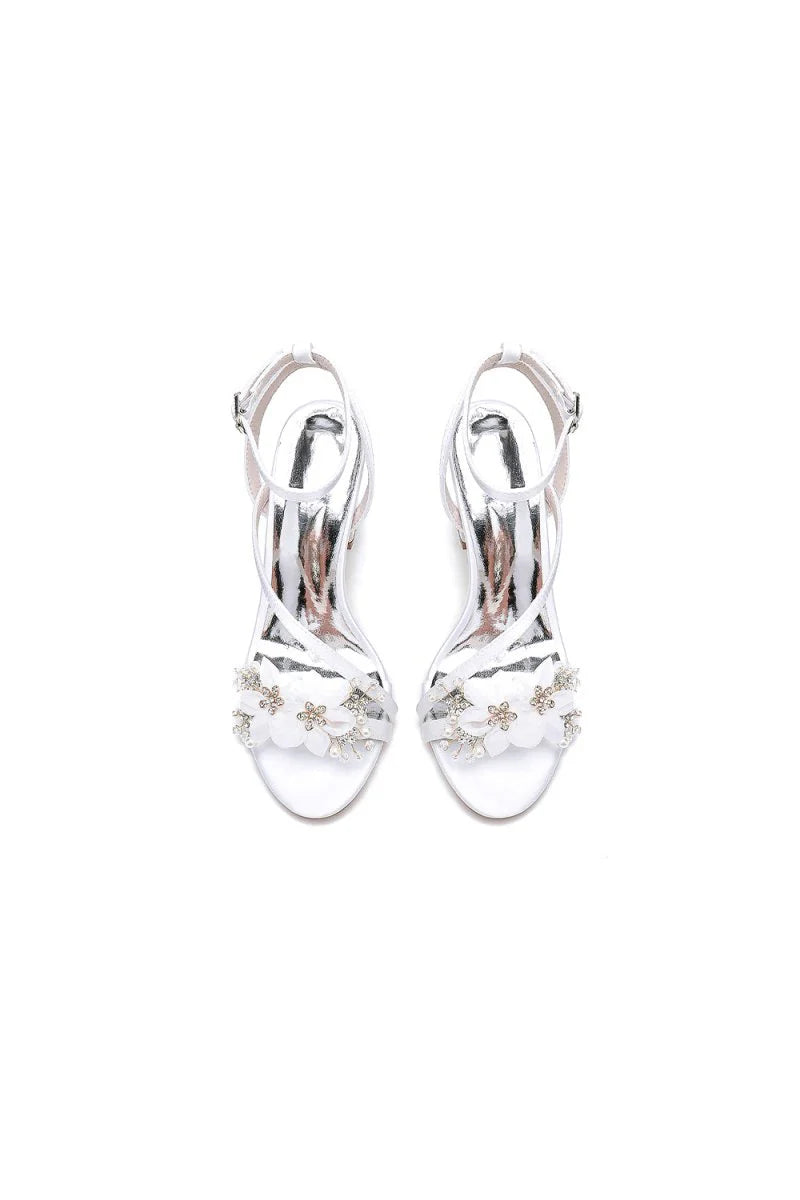 White Open Toe Ankle Strap Chunky Heels with Rhinestone Flower