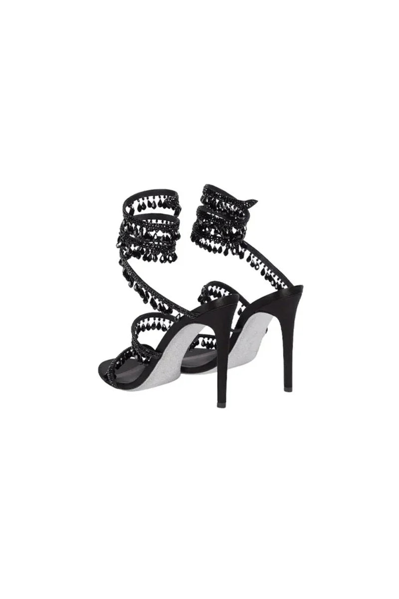 Open Toe Ankle Wrap Beaded Crystal Stiletto Heels