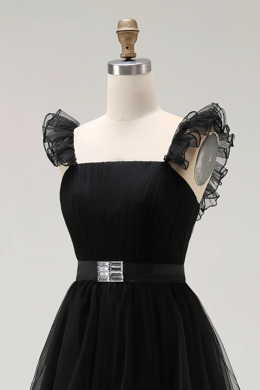 Black A Line Tulle Spaghetti Straps Ruffled Prom Dress