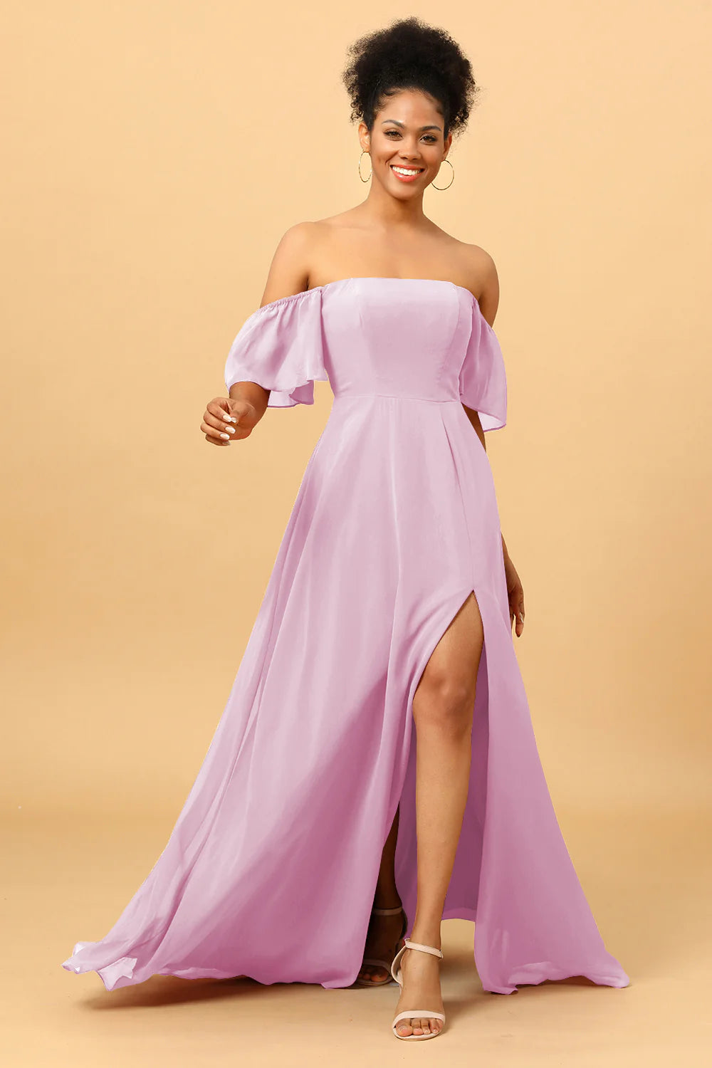 A Line Off the Shoulder Long Chiffon Bridesmaid Dress with Slit