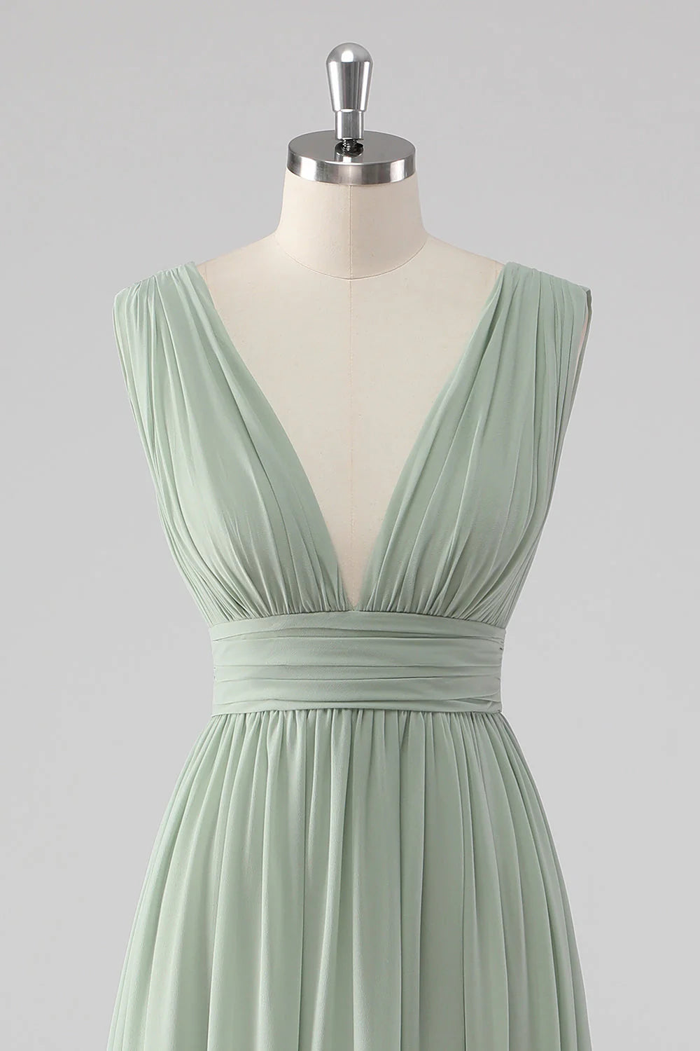 Sage Green V Neck Pleated Chiffon Long Bridesmaid Dress with Slit