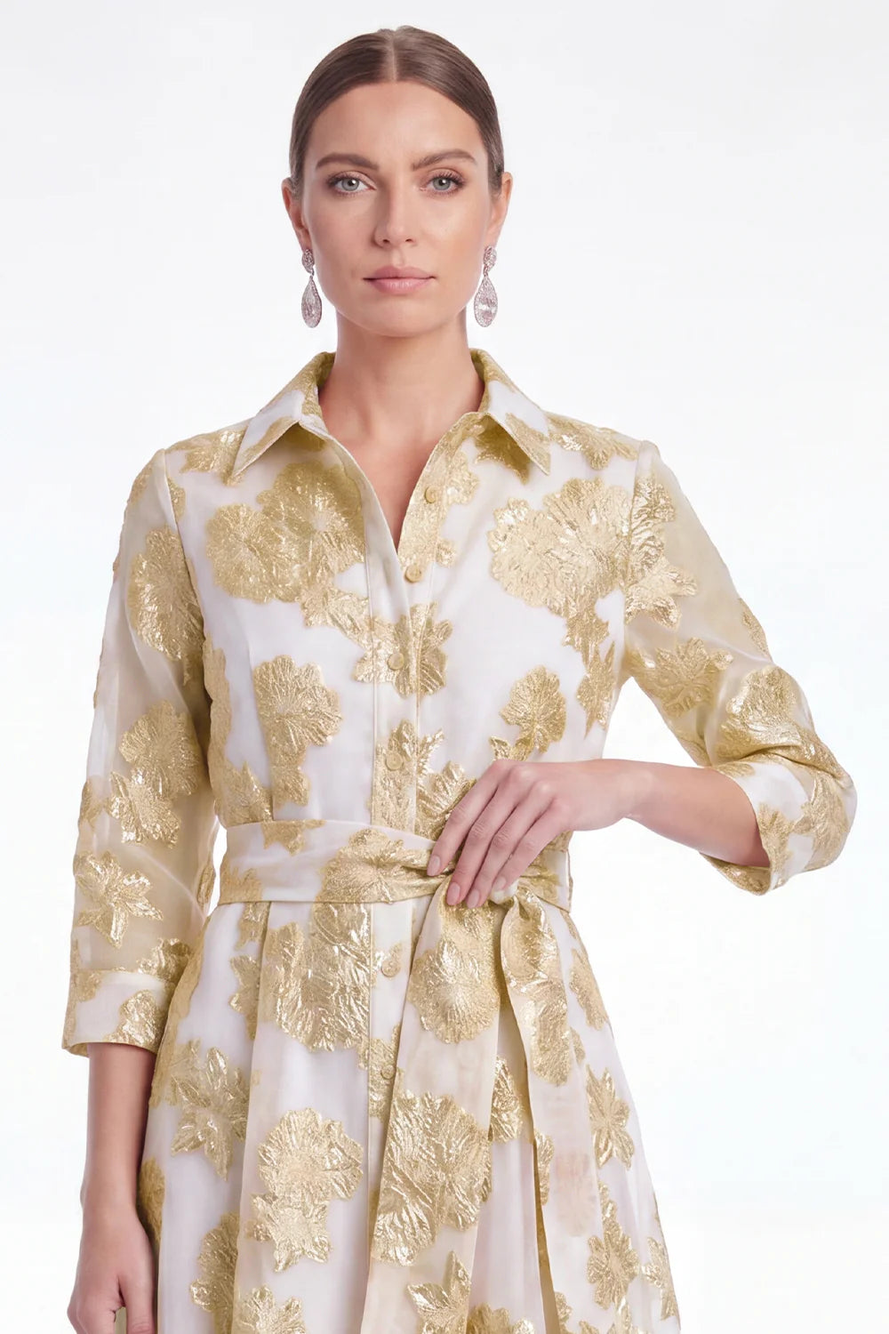 Gold Floral Jacquard A Line Collar Mother of the Bride Dress with 3 4 Sleeves