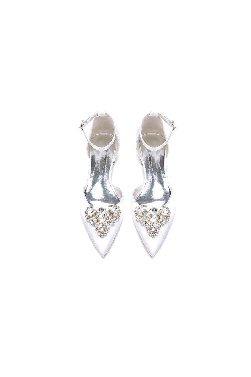 Satin Pointed Toe Ankle Strap Rhinestone Kitten Heels