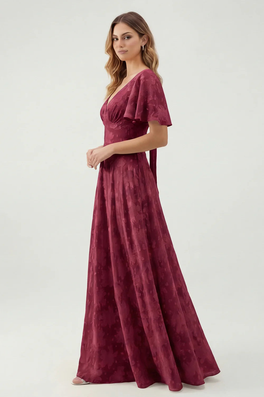 A Line Sage Green Floral Jacquard Flutter Sleeves Maxi Dress with Bow Back
