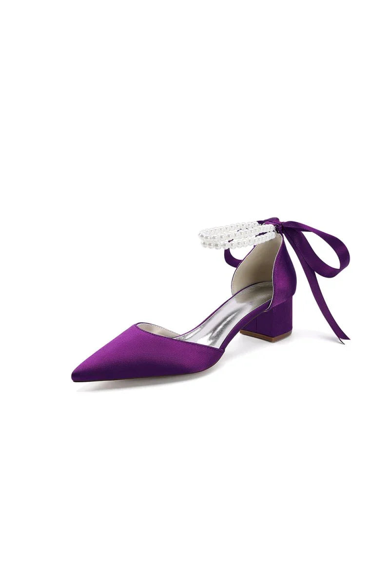 Pointed Toe Double Pearl Ankle Strap Party Shoes With Ribbon Tie