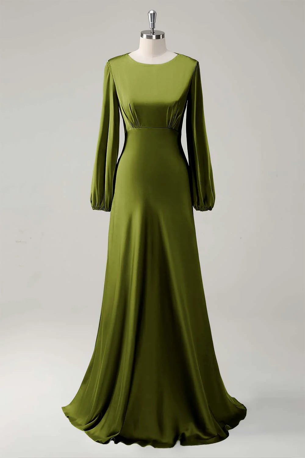 Agave A Line Round Neck Satin Long Bridesmaid Dress with Long Sleeves