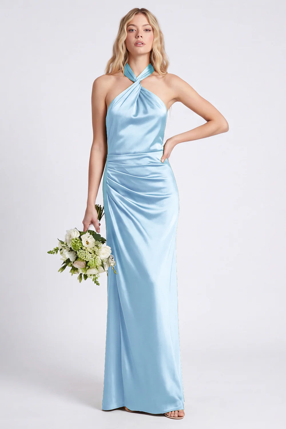 Green Halter Mermaid Ruched Long Bridesmaid Dress