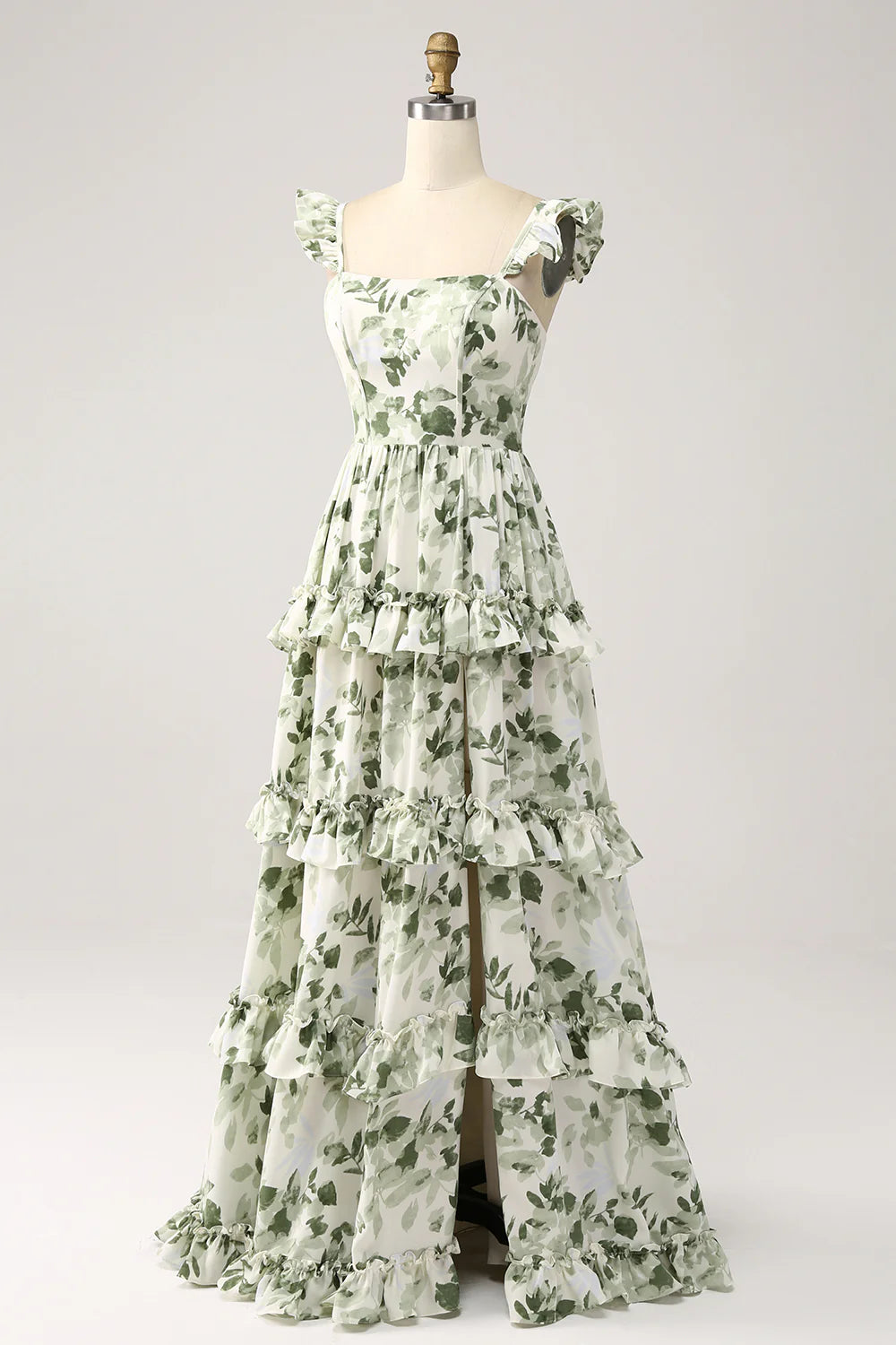 A Line Spaghetti Straps Printed Tiered Long Green Bridesmaid Dress With Slit