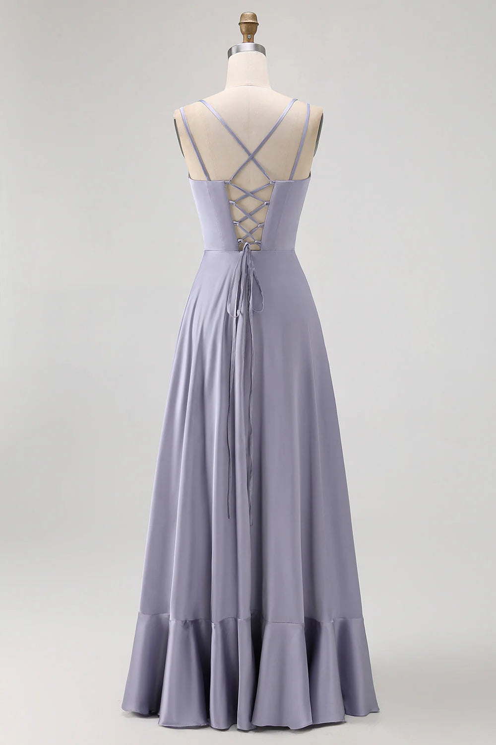 Dusty Blue A Line Satin Long Bridesmaid Dress with Lace Up Back