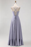 Dusty Blue A Line Satin Long Bridesmaid Dress with Lace Up Back