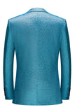 Mens Peacock Blue Sparkly Peak Lapel One Button 2 Piece Prom Suits