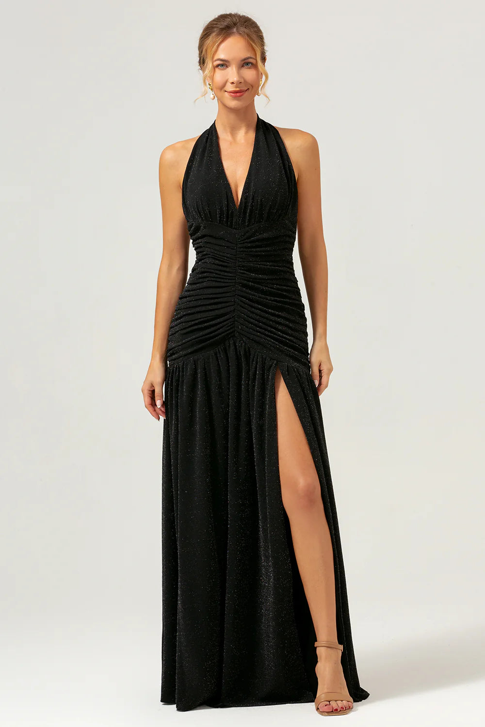 Black A Line Halter Pleated Long Backless Prom Dress with Slit