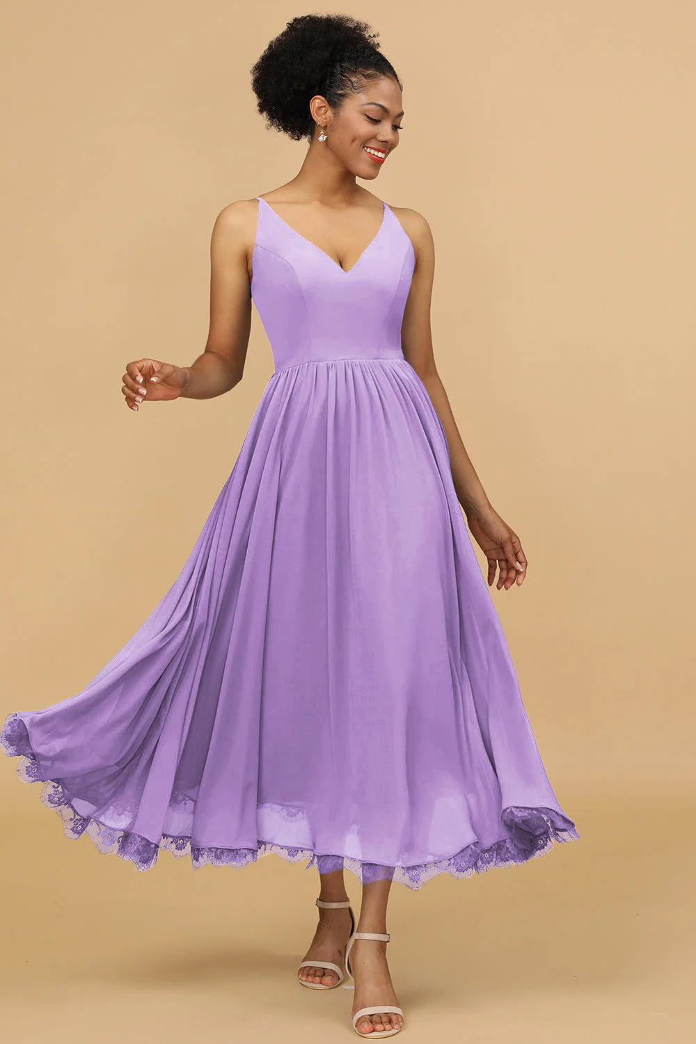 A Line Spaghetti Straps Long Chiffon Bridesmaid Dress with Ruffles