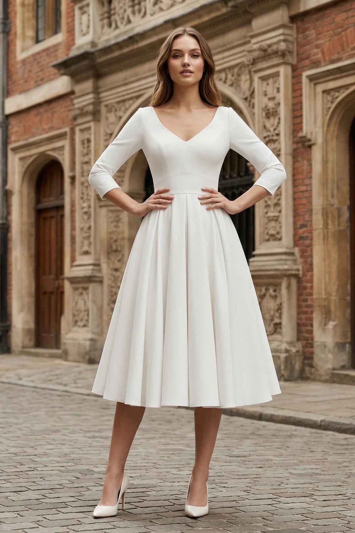 Vintage Sleeved A Line V neck Satin Tea Length Wedding Dress