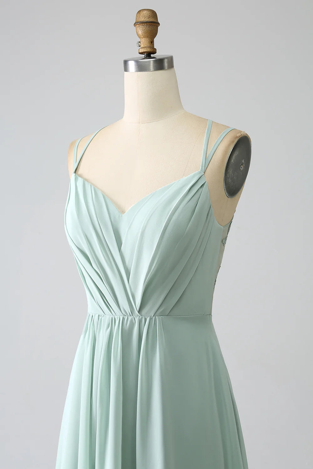 Matcha A Line Spaghetti Straps Pleated Chiffon Floor Length Bridesmaid Dress
