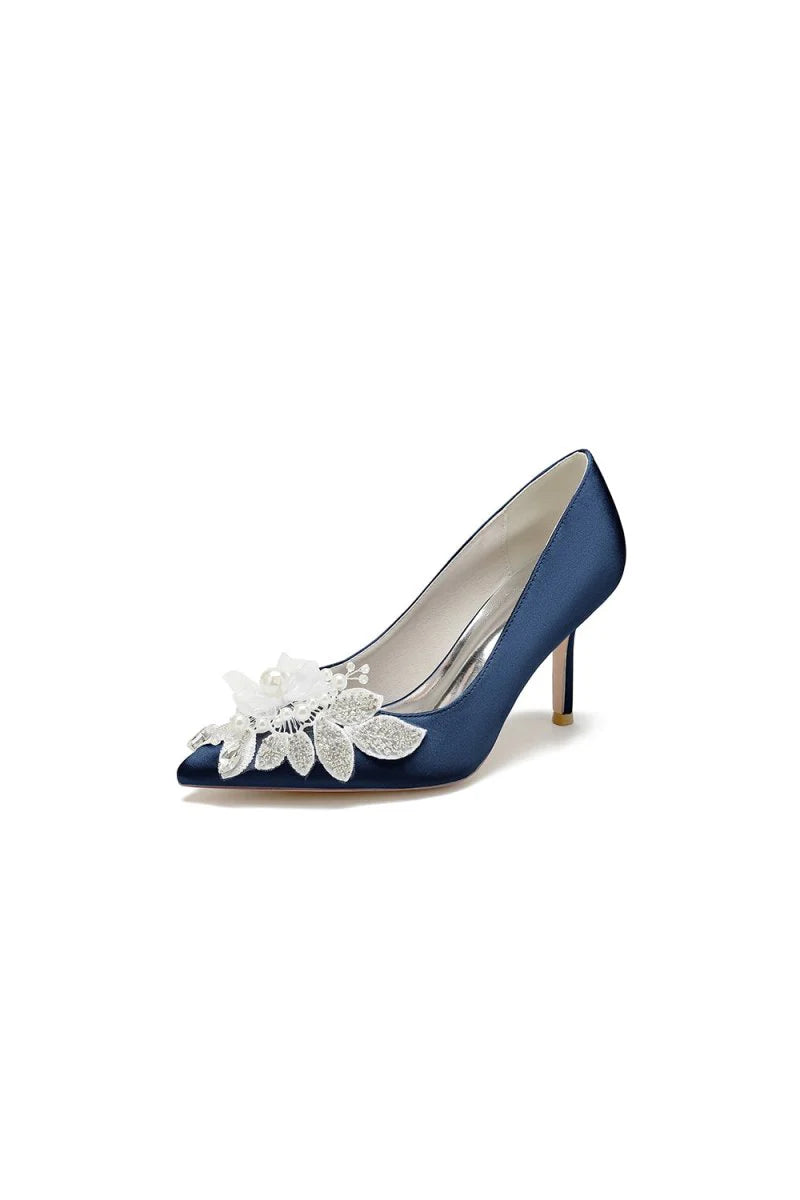 Pointed Toe Satin Bridal Heels with Crystal Flower