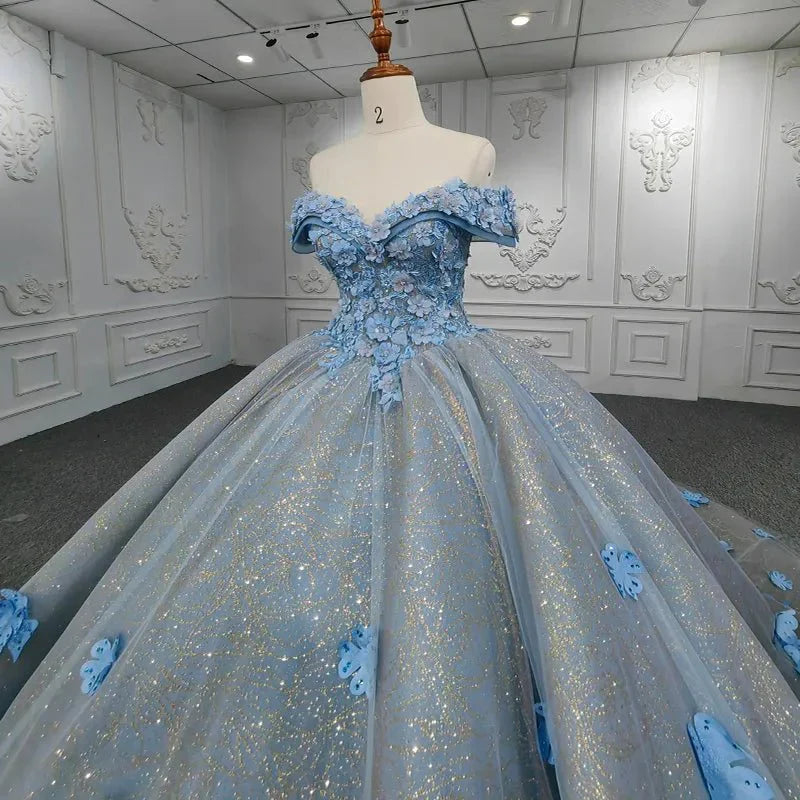 Quinceanera Blue Off the Shoulder Ball Gown Flower Dress