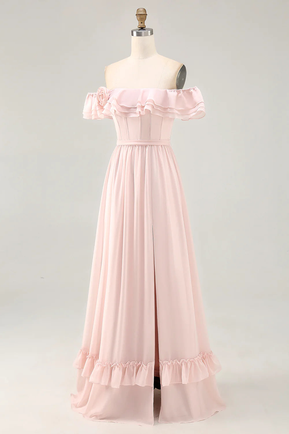 Dusty Sage A line Off The Shoulder Chiffon Long Bridesmaid Dress with Slit