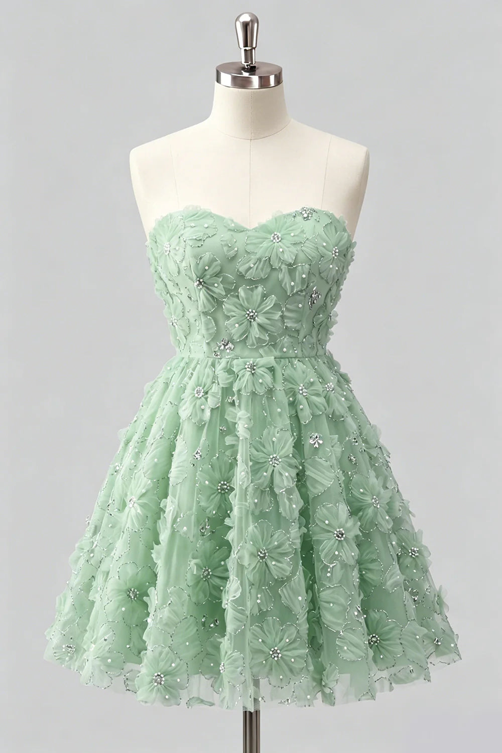 Sage Beaded Strapless A Line Short Homecoming Dress
