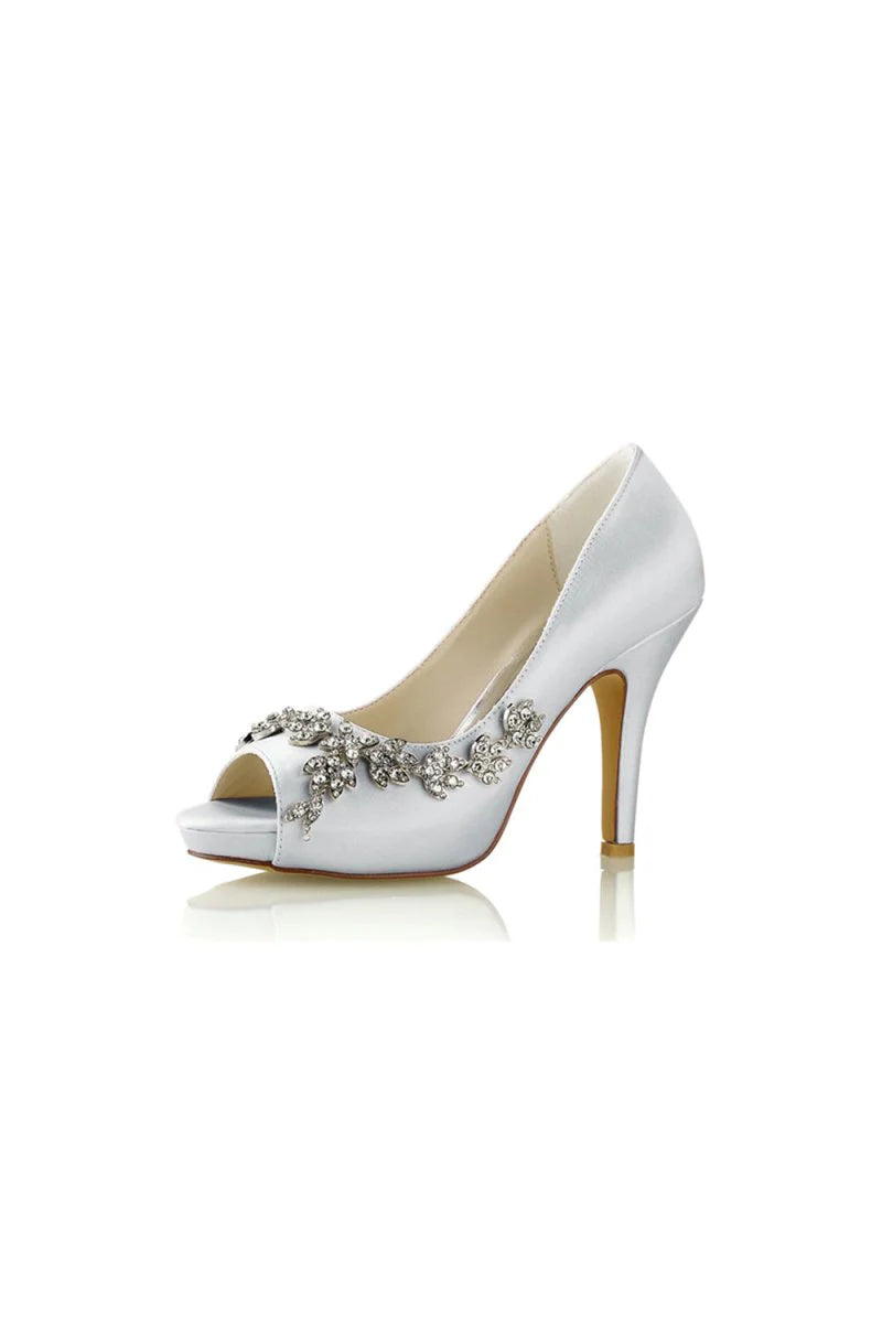 Champagne Satin Heels with Silver Metal Flower Ornament