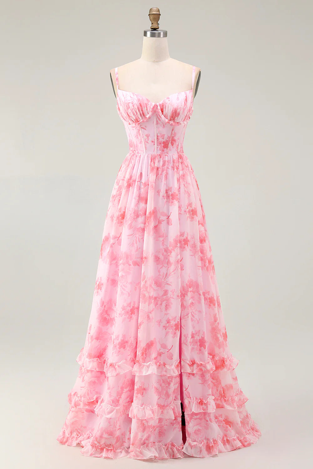 Pink Flower A Line Spaghetti Straps Corset Long Bridesmaid Dress with Ruffles