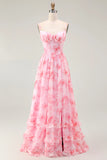 Pink Flower A Line Spaghetti Straps Corset Long Bridesmaid Dress with Ruffles