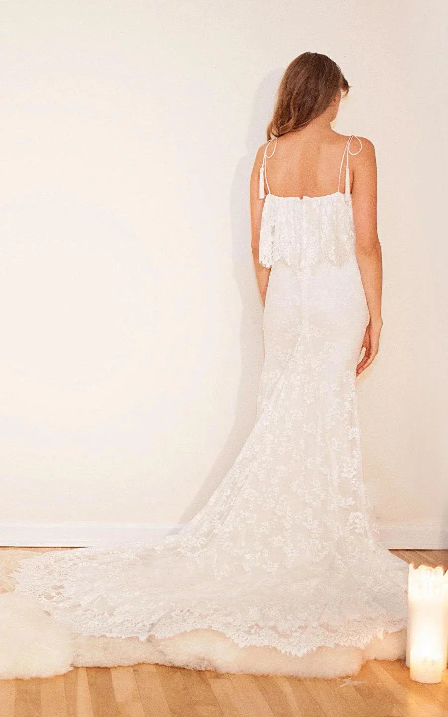 Off Shoulder Long Mermaid Lace Boho Wedding Dress With Ruffles